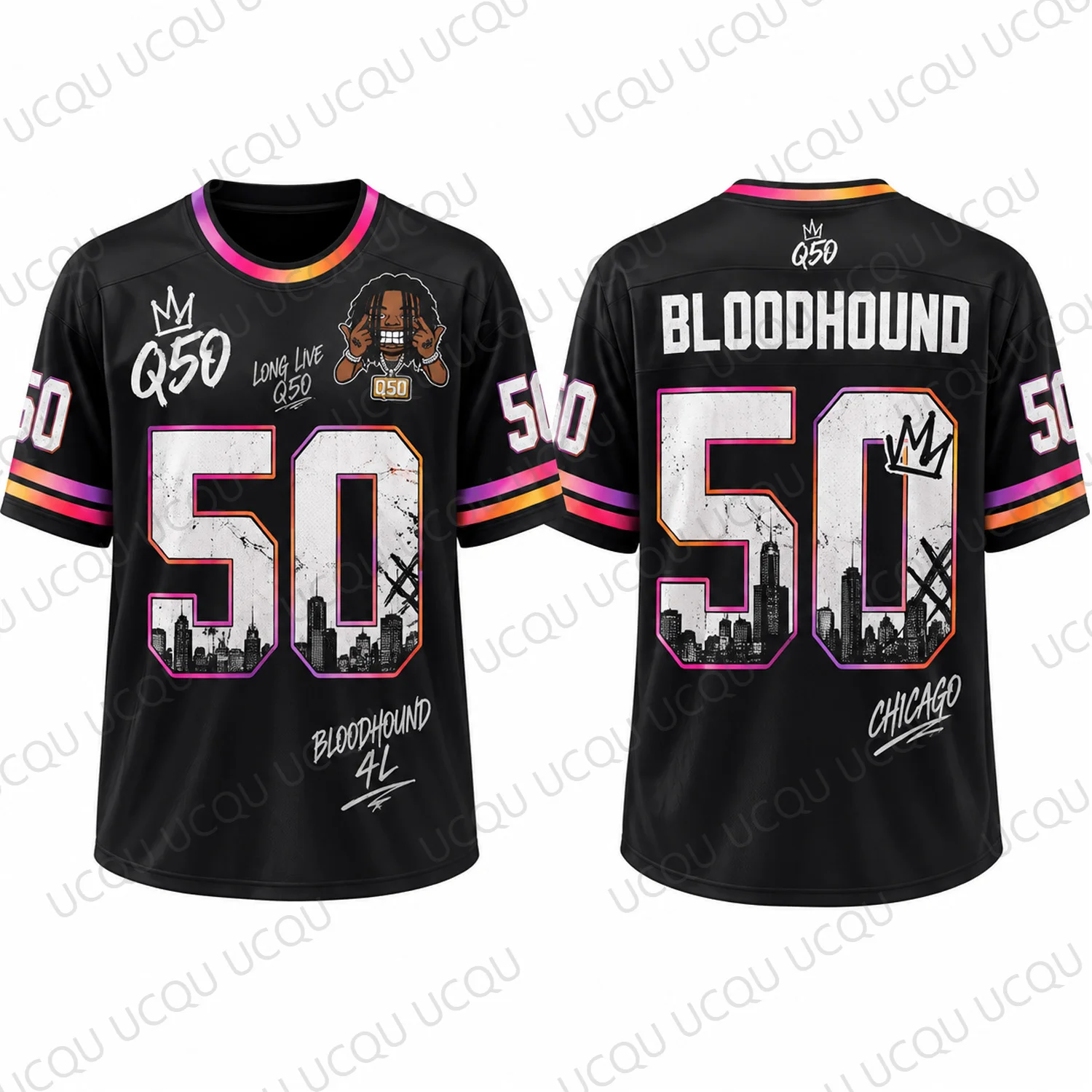 2026 NEW  Q50 50 Chicago Football Jersey Men Rapper Memorial Graphic Shirt Hip Hop Streetwear Fan Gift