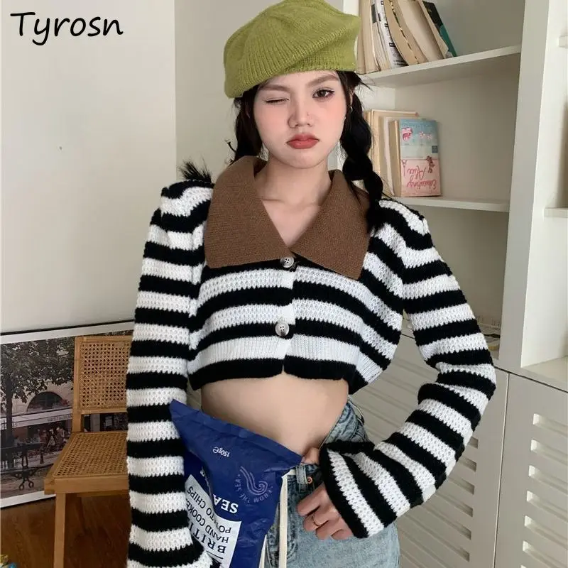 

Striped Cardigan Women Korean Style Knitted Tops Fashion Simple Leisure Fluffy Long Sleeve Autumn Chic Students Vintage Female