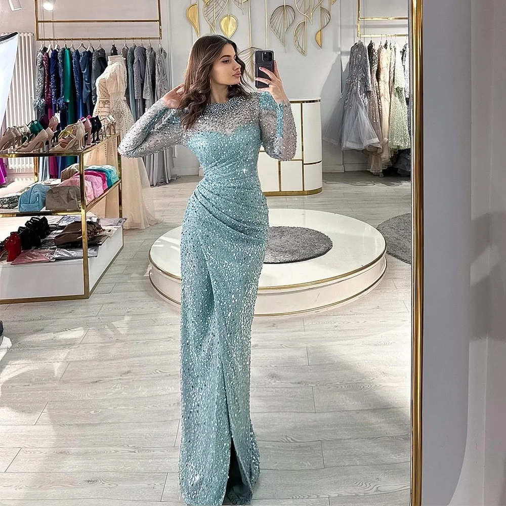 Customized Sparkly Stylish Long Sleeve Beads Sequins Prom Dresses High Illusion Evening Gown Pleat Banquet Dress платья на торже