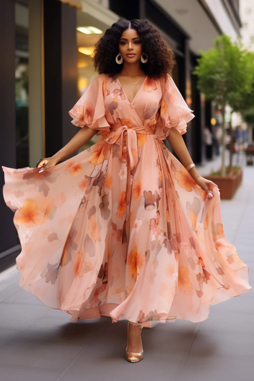 بالإضافة إلى حجم عطلة أنيقة الخوخ الأزهار التفاف الرقبة قصيرة الأكمام فساتين ماكسي الشيفون #2