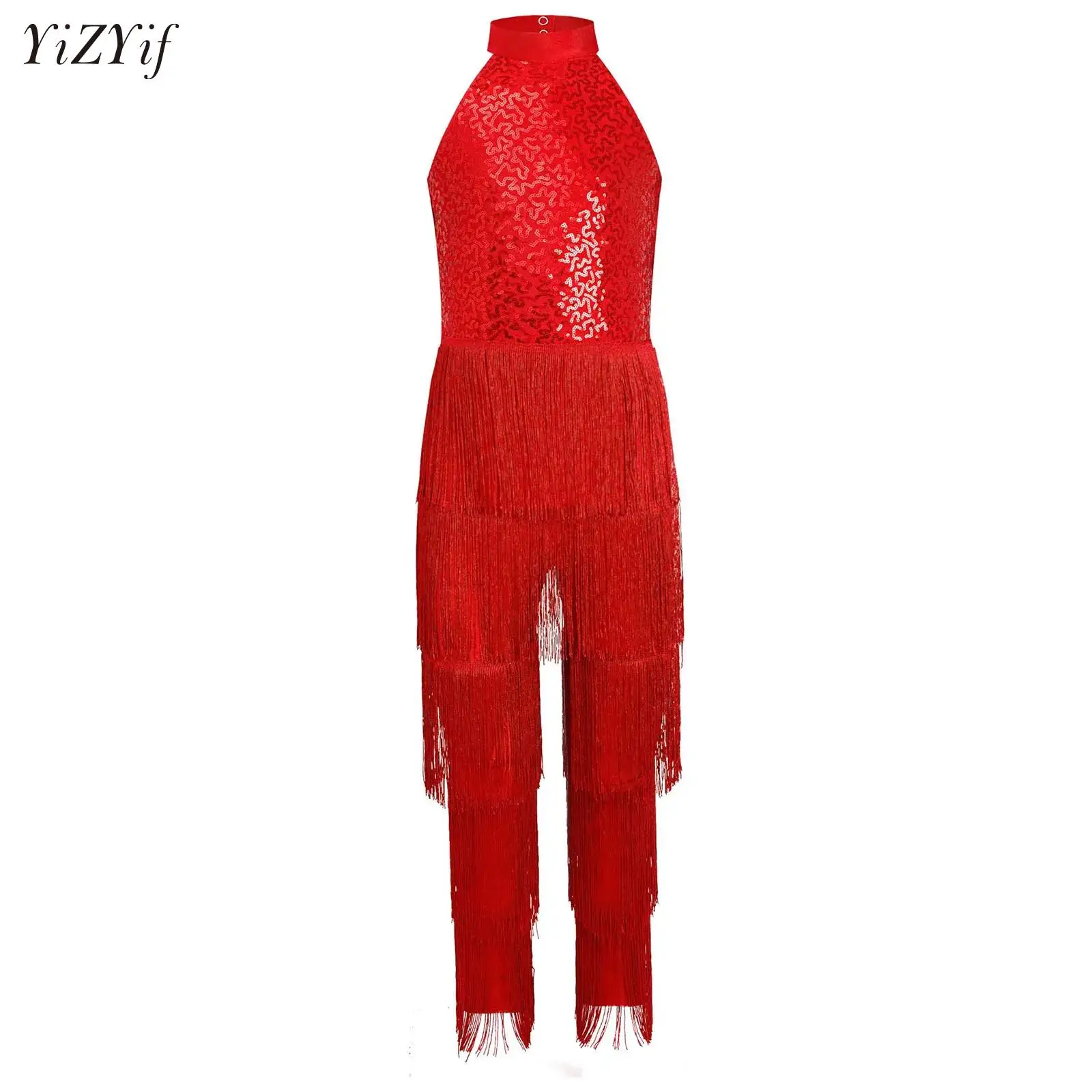 

Kids Girls Fringe Latin Cha-cha Dance Jumpsuit Salsa Dance Dress Tango Samba Rumba Dance Dresses Sequins Tiered Tassel Rompers