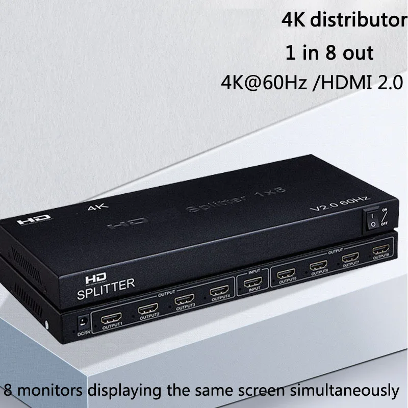 4K 1 in 8 Out for HDMI-compatible Splitter 1X8 Display Audio Video Distributor Converter for PS4 DVD Laptop PC To Projector TV