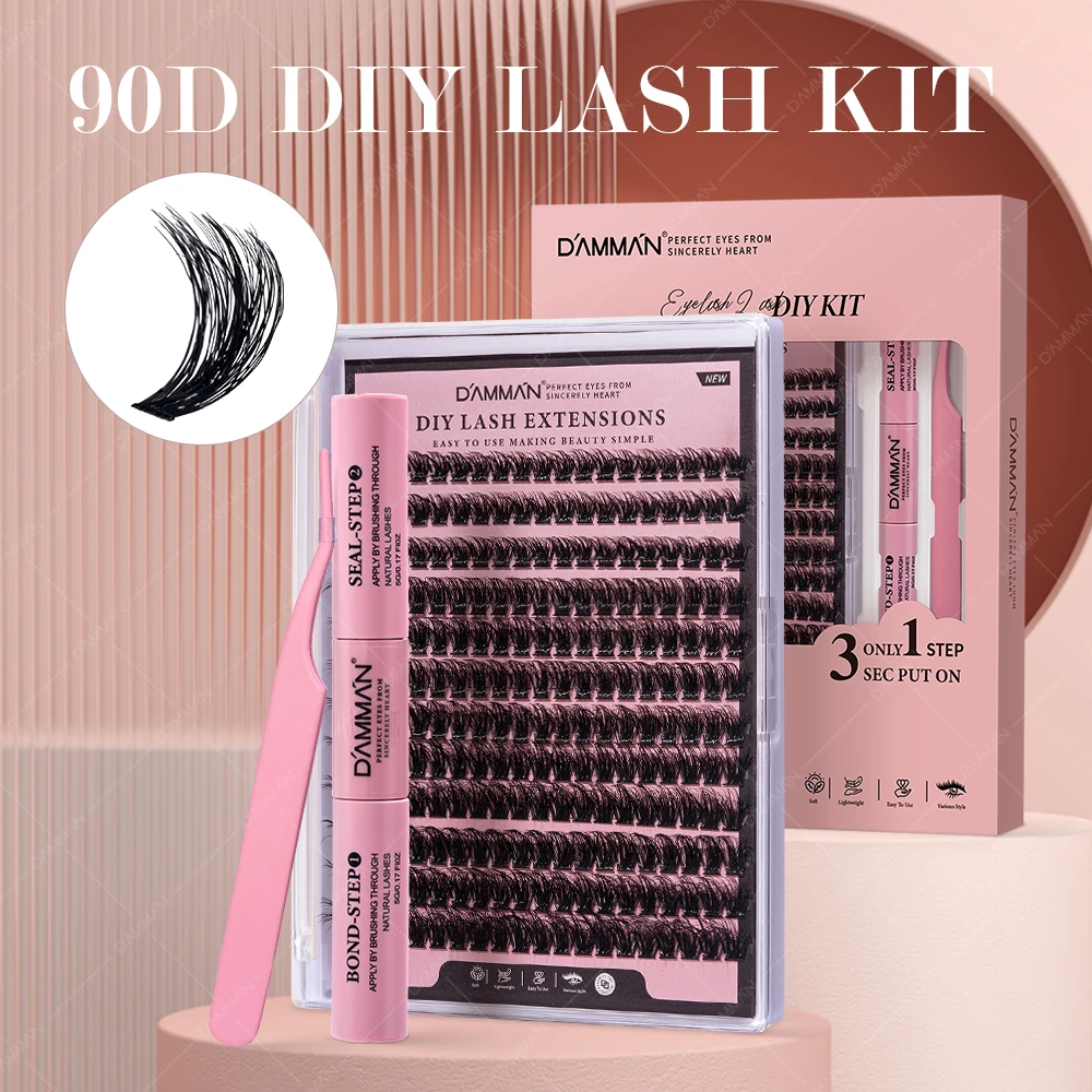 1 caixa damman 90d diy kit de extensão de cílios lash bond e selo 2 em 1 d curvatura 0.07mm espessura volume cílios luz natural cílios