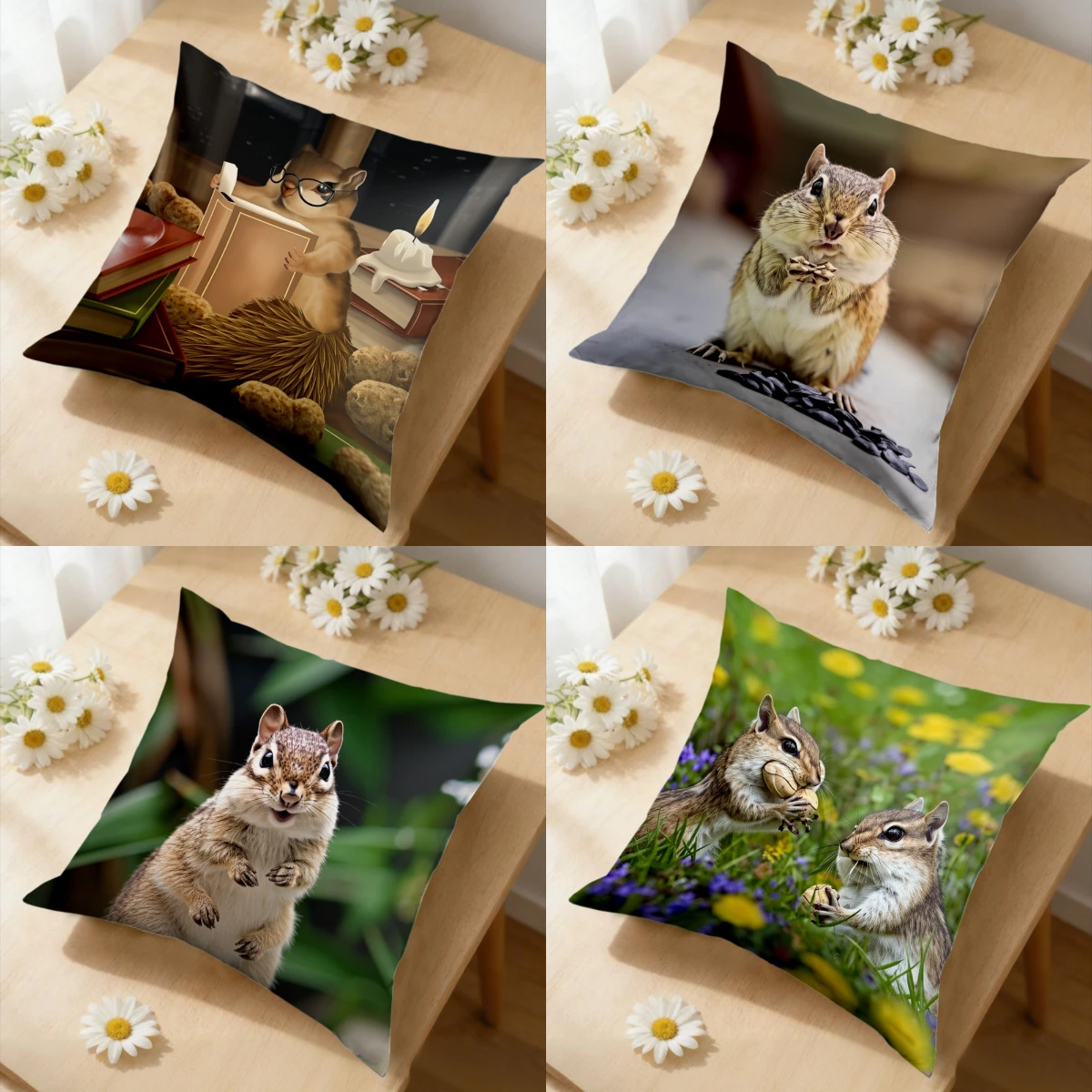 Chic Cute Chipmunk Throw Pillow Cover Square Cushion Case with Zipper for Home Sofa Pillowcase 100% Polyester Pillow Cover Decor