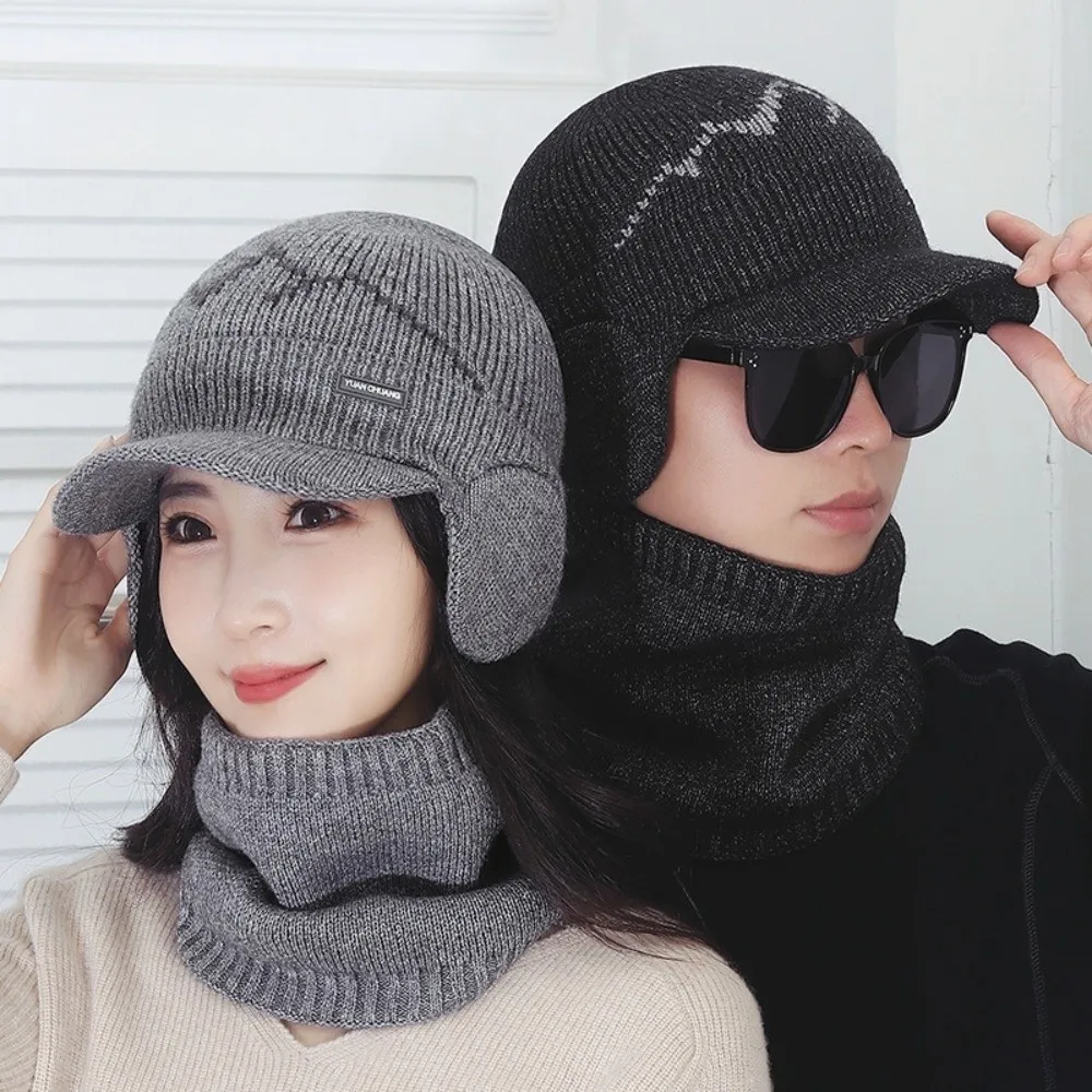 

2Pcs Set Trendy Windproof Knitted Hat Neck Gaiter Plush Soft Sheep Wool Scarf Simple Warm Winter Autumn Hat with Earflap Couple