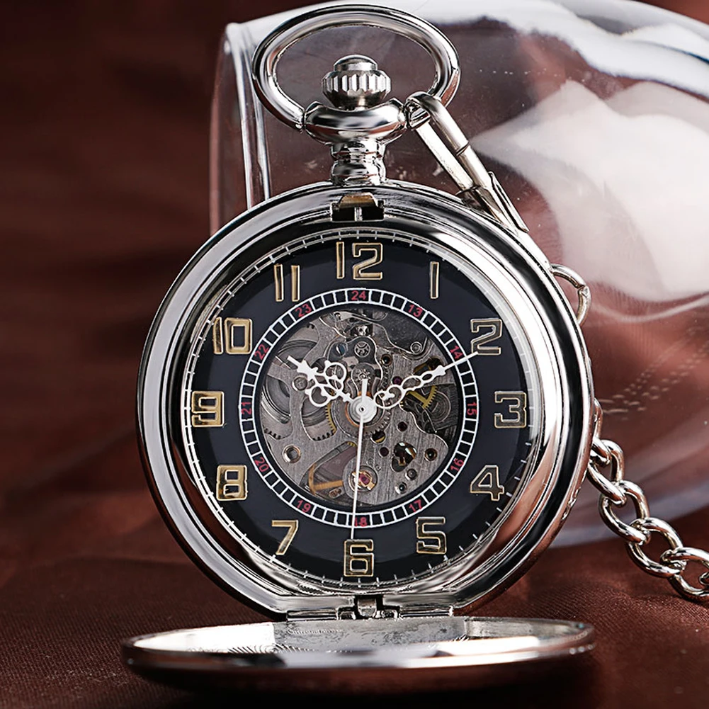 Silver Shield Automatic Mechanical Pocket Watch Arabic Numerals Display Self-Winding Pendant Antique Pocket Clock Male Gifts