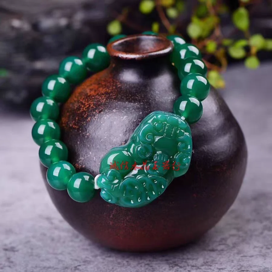 

12mm Fine Green Agate Bead Bangle Rosary Amulet Pi Xiu Beast Lucky Handstring Ornament