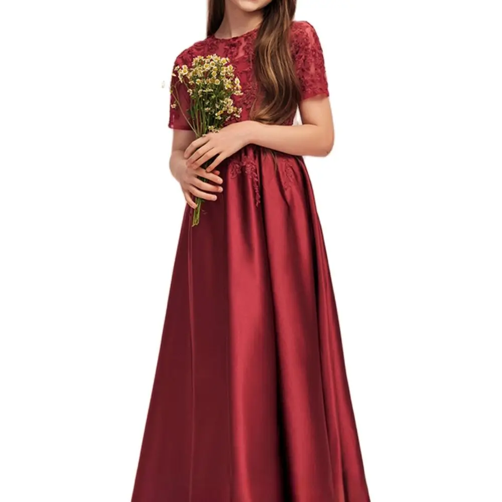 A-Line Scoop Neck Flower Zipper Satin Lace Ruffle Junior Bridesmaid Dresses Floor-Length Short Sleeve Princess First Communion