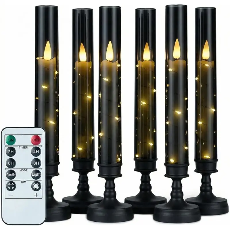 6PC Flameless Candles With Timer,Flickering Flameless LED Pillar Candles For Romantic Ambiance With Embedded Star String