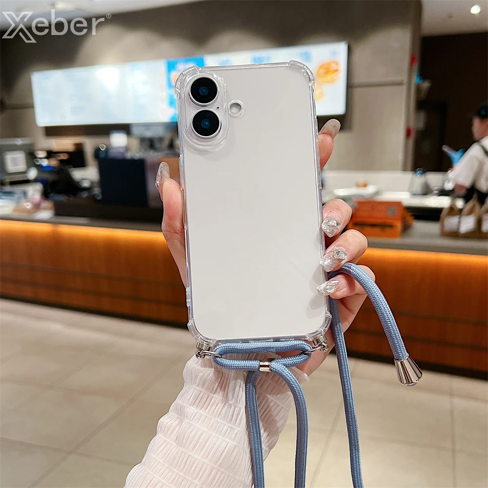 For iPhone 18 17 16 15 14 ProMax Crossbody Necklace Cord Lanyards Transparent Case For iPhone 11 12 13 Pro Max XS XR Soft Cover