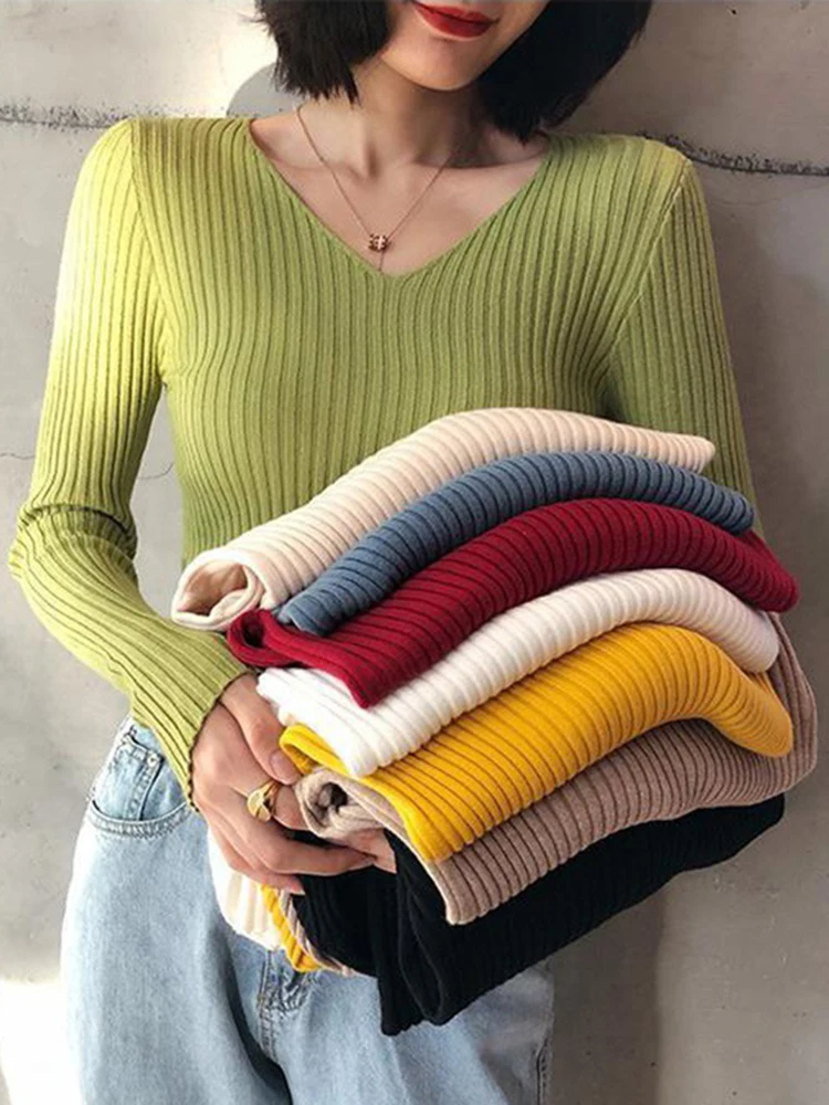 2024 Autumn Winter Women Solid Rib Knit V Neck Stripe Pull Sweater Femme Long Sleeve Pullover Jersey Tops Fashion Clothes Y2k