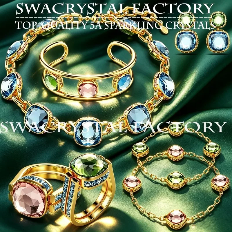 Exquisite Pink Green Blue Sparkly Crystal Bracelet Earring Bangle Ring Women Multicolor CZ Jewelry Set Luxury Design Accessories