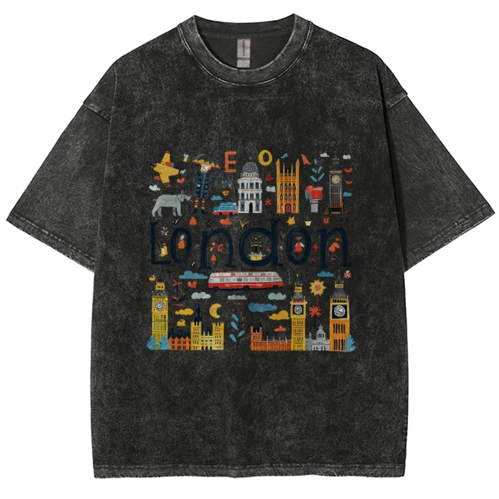 Contrast Color Cotton T-Shirt London Letter House Print Loose Wash Old Shoulder Crew Neck Designer New Summer Short Sleeves