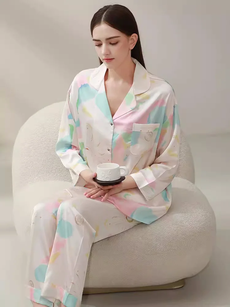 Printed Luxury Women Silk Pajamas Set 2Pcs Plus Size Women Lingerie Ladies Gorgeous Clothes Sets mulberry Silk Nightwear Set