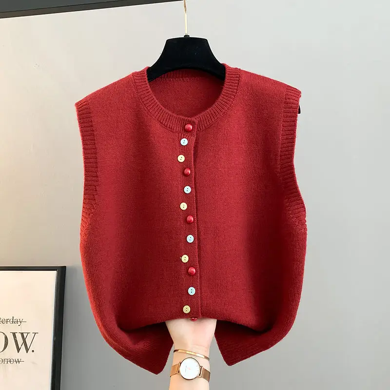 2026 Autumn Women Minimalist Vest Sweater Loose O-Neck Solid Knitting Sleeveless Cardigan Multicolor Buttons Outerwear Waistcoat