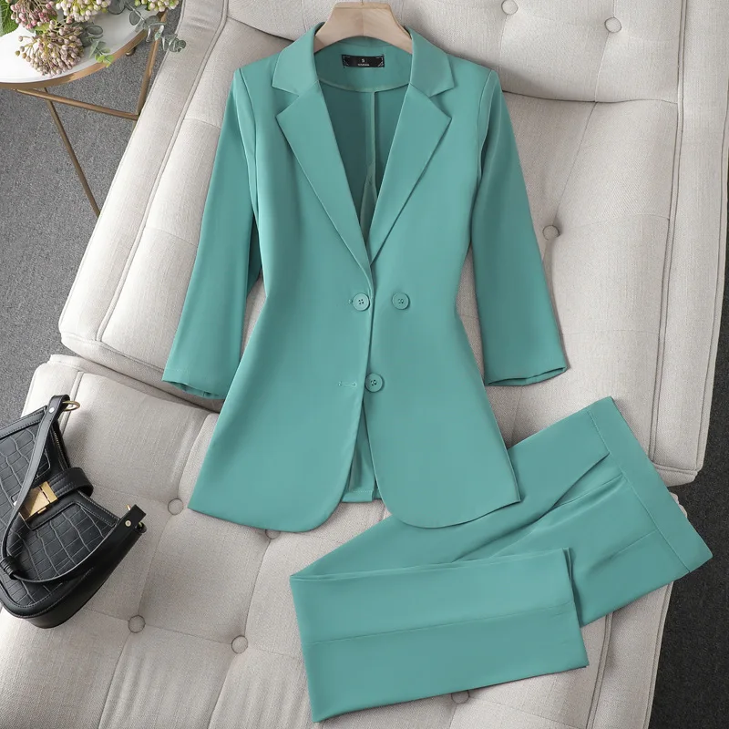 Women Business Suits with 2 Piece Set Tops and Pants Elegant Green Spring Summer Professional Office Work Wear Pantsuits Blazers