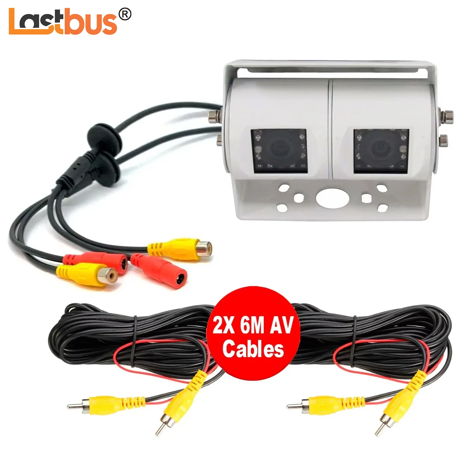 

Lastbus 4PIN White Dual Head Heavy Duty Rear View Reversing Camera +2x RCA + 2x DC Connectors & AV Cables(6m/10m/15m For Options