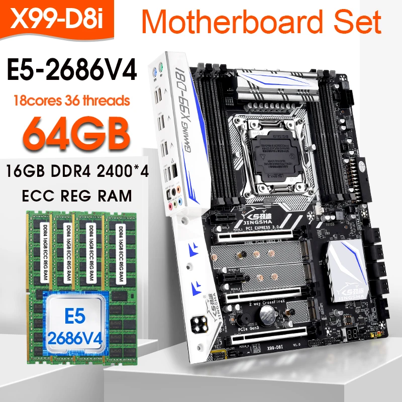 X99 D8I motherboard LGA 2011-3 kit Xeon E5 2686 V4 CPU 64GB(4*16GB) 2400MHz DDR4 RAM Support E5 V3V4 processor Nvme m.2 sata 3.0