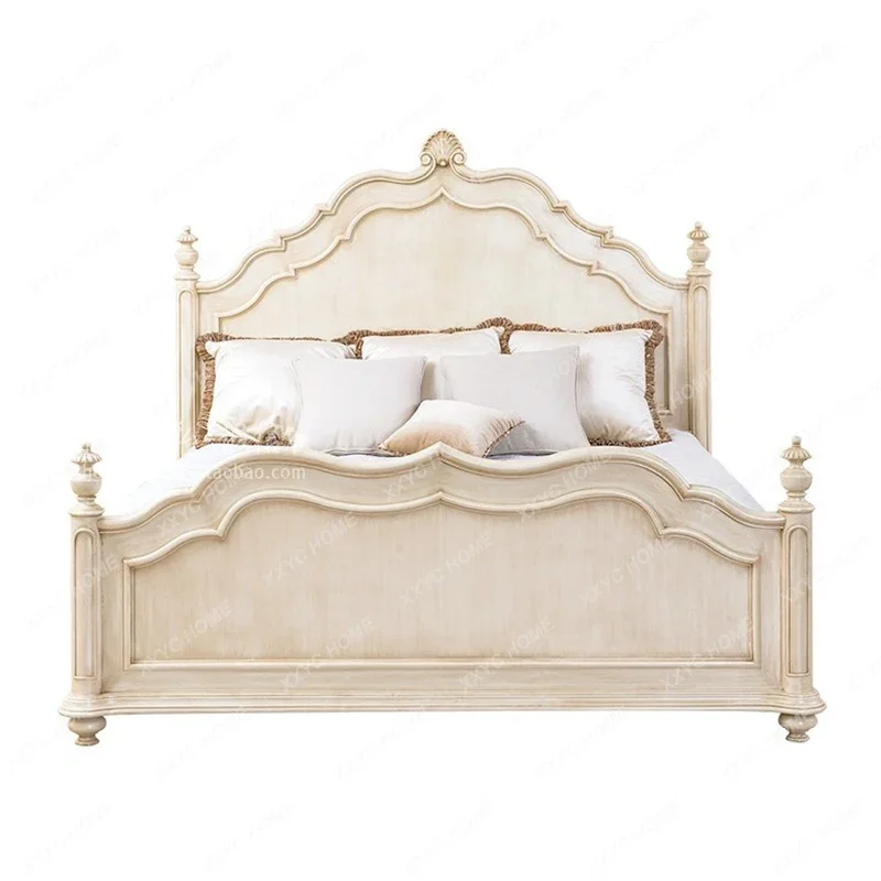 

Country Solid Wood Carved Bed Vintage Distressed Column 1.8 Big Bed Princess Bed