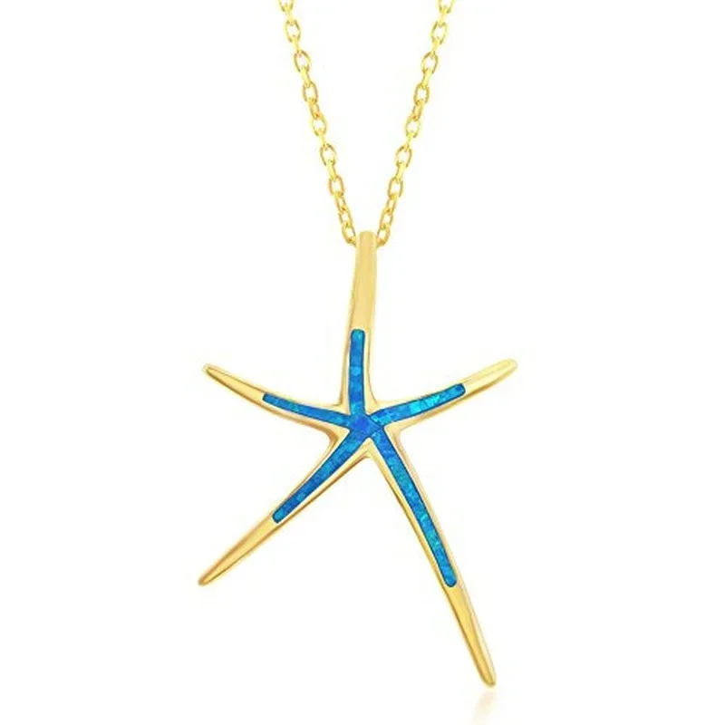 Women's Simple Rose Gold Tone Created Blue Simulated Opal Starfish Pendant Necklace
