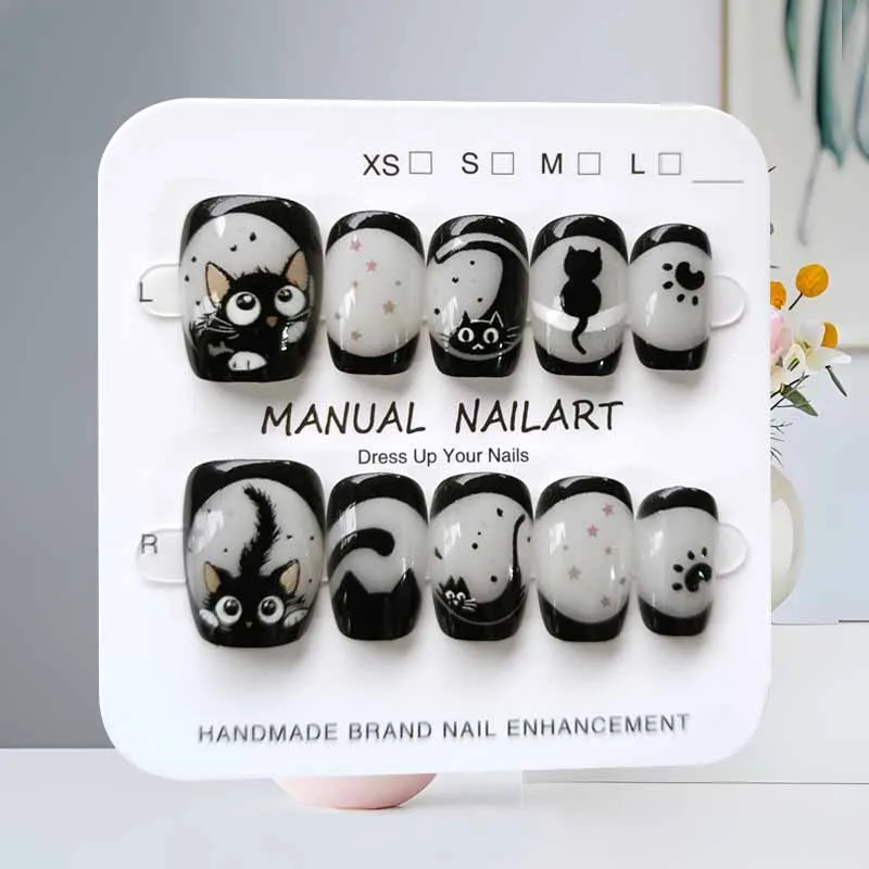 10 pièces dessin animé mignon chat noir bleu gris géométrie à la main presse sur les ongles tête carrée Patch pour ongles oeil de chat Patch pour ongles faux ongles Art