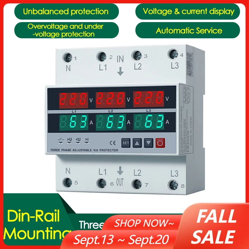3 Phase Adjustable Over and Under Voltage Protector Overcurrent Protection 63A/100A Din Rail Voltmeter Ammeter Relays Protector