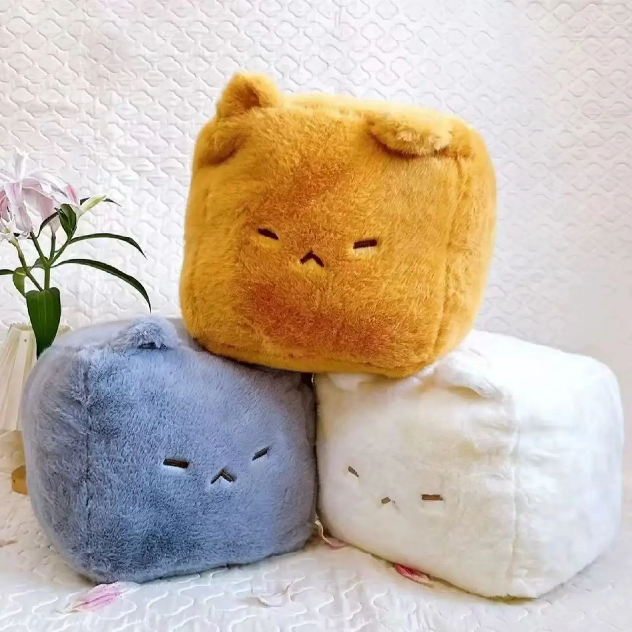 Cute Lying Cat Plush Pillow Square Fermented Tofu Cushion for Sofa Living Room Bedroom Home Decor Gift for Women