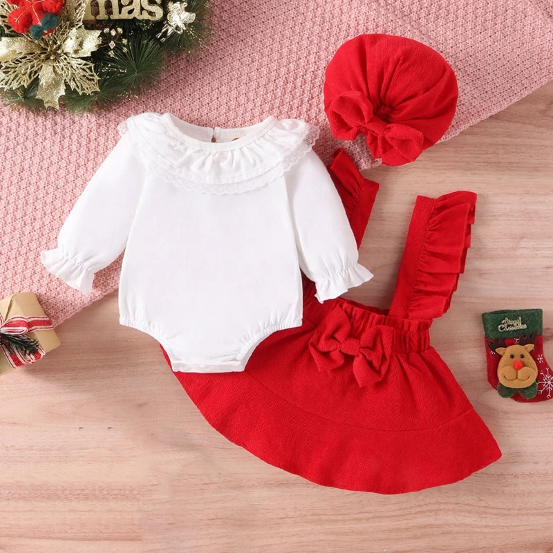 Baywell Christmas Baby Girls Dresses Lace Ruffle Long Sleeve Jumsuits Bow Solid Slip Dress Hat 3Pcs Infant Toddler Xmas Clothes