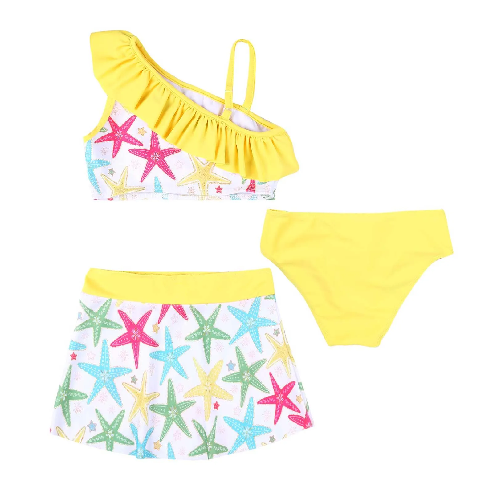 3Pcs Kids Girls Swimming Suit Ruffled Swimwear Floral Print Crop Tops Skirt Briefs Swim Set for Beach Pool Swimsuit Bathing Suit