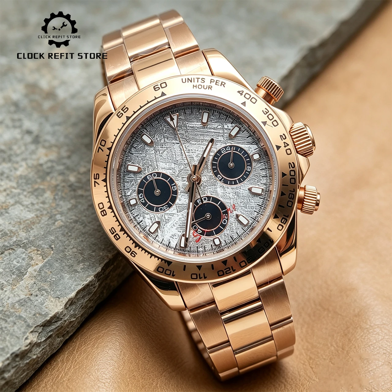 40mm Rose Gold VK63 Chronograph Watch Case, Ceramic Bezel Sapphire Crystal Solid Back Steel Bracelet Luminous Dial