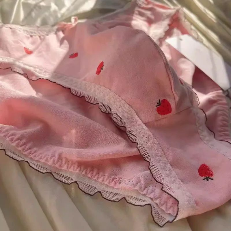 Cross-dressing Sissy Sweet Briefs Cute Pattern Pink Cotton Lace Trim Bow Panties Men's Convex Pouch Soft Breathable Underwear