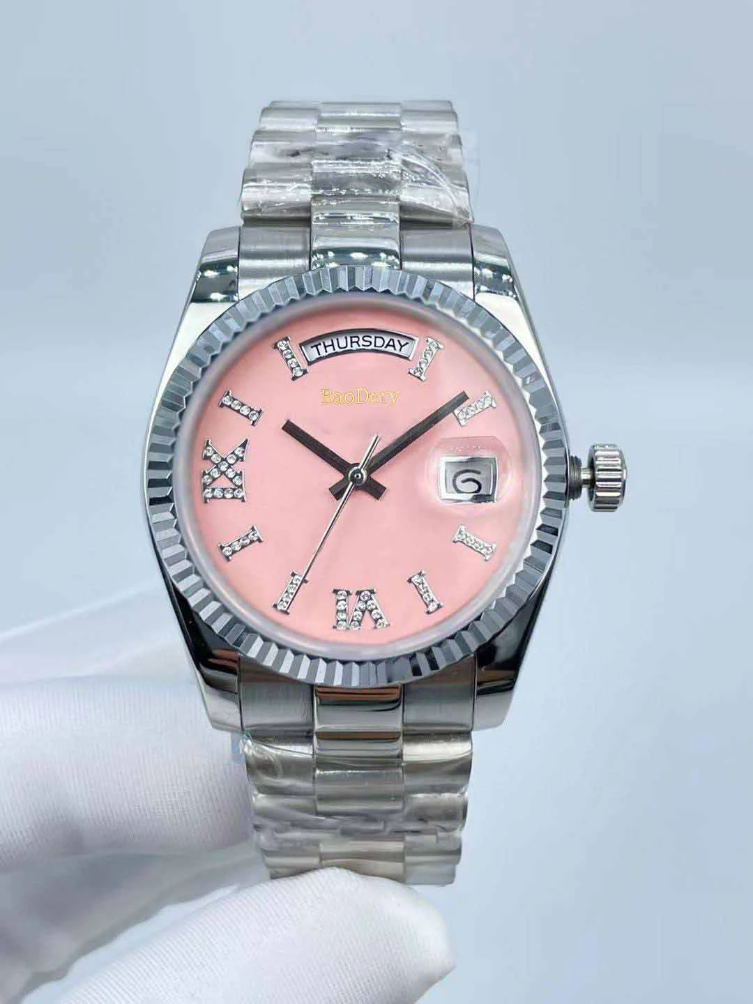 

Womens 36mm Stainless Steel Watch with Roman Numeral Dial - Mechanical Movement, Thin Design