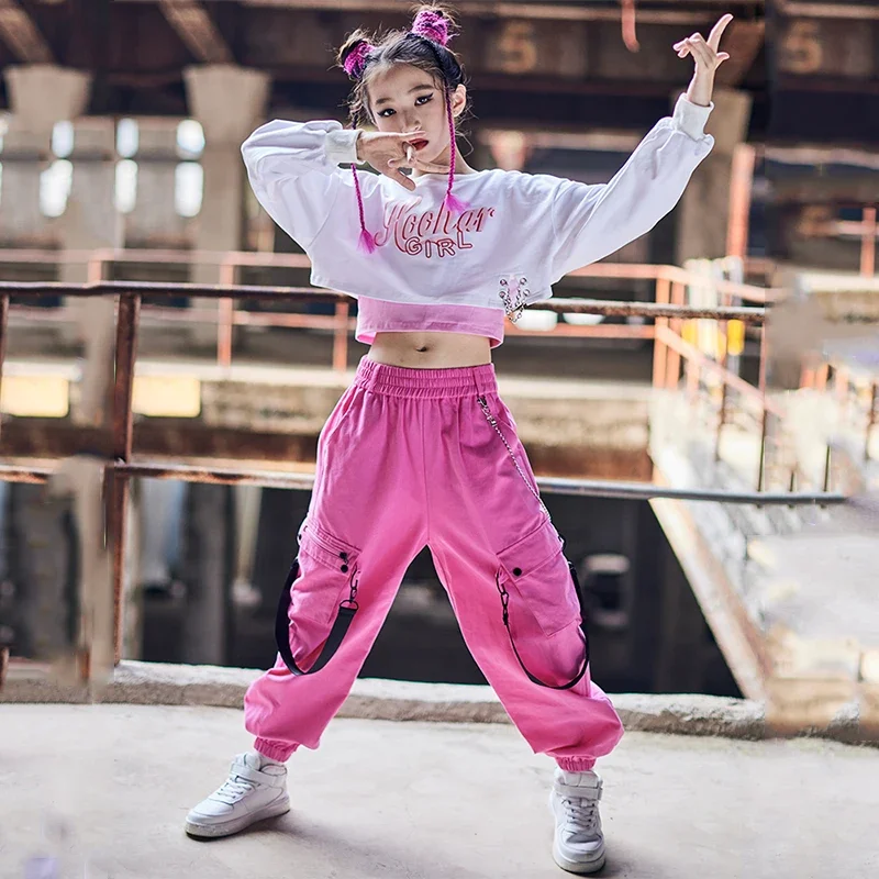 Disfraz de espectáculo de práctica de baile callejero para niños, ropa de baile de Jazz moderno, Tops de manga larga blancos para niñas, pantalones rosas sueltos de Hip Hop