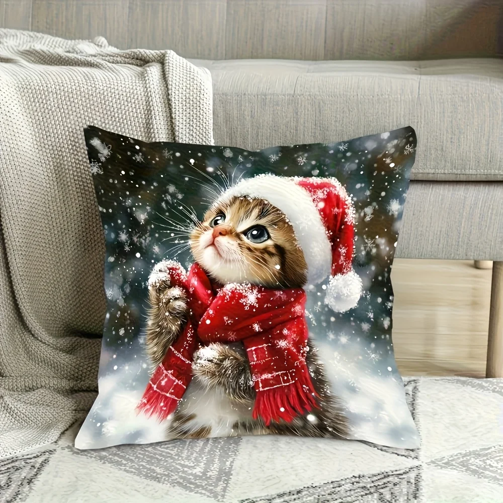 1pc Large Christmas Kitten Pillow Cover - Cute Santa Hat & Scarf Winter Decor, Zipper Closure Cushion Case, Machine Washable for Sofa, Bed, Car, Office - Holiday Decoration & Birthday Party Decorations (No Insert Needed) - Double-Sided Printed