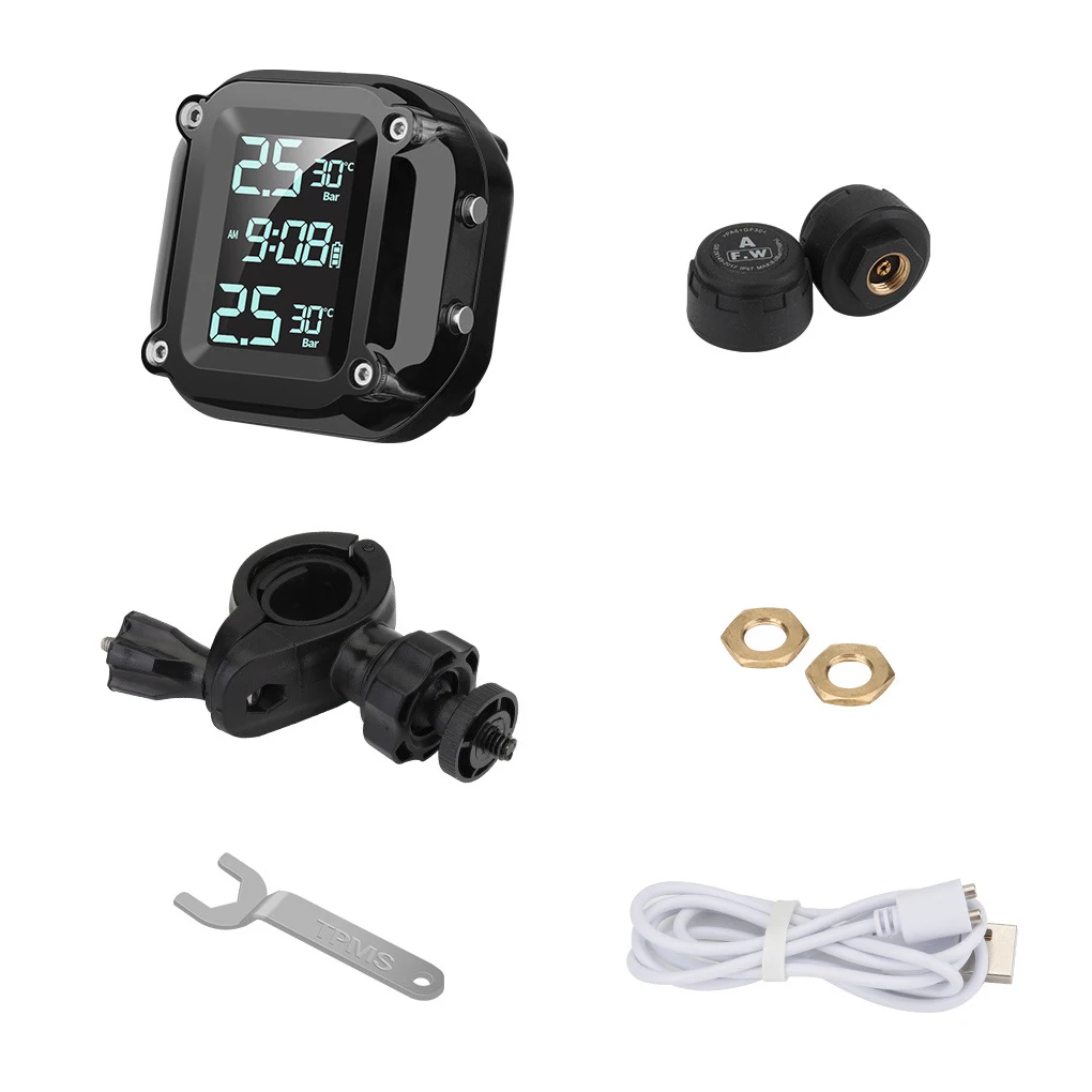 Motorcycle Tire Pressure Detector with LCD Electric Bike Front and Rear Waterproof Tyre Sensor Handlebar Bracket Accessories