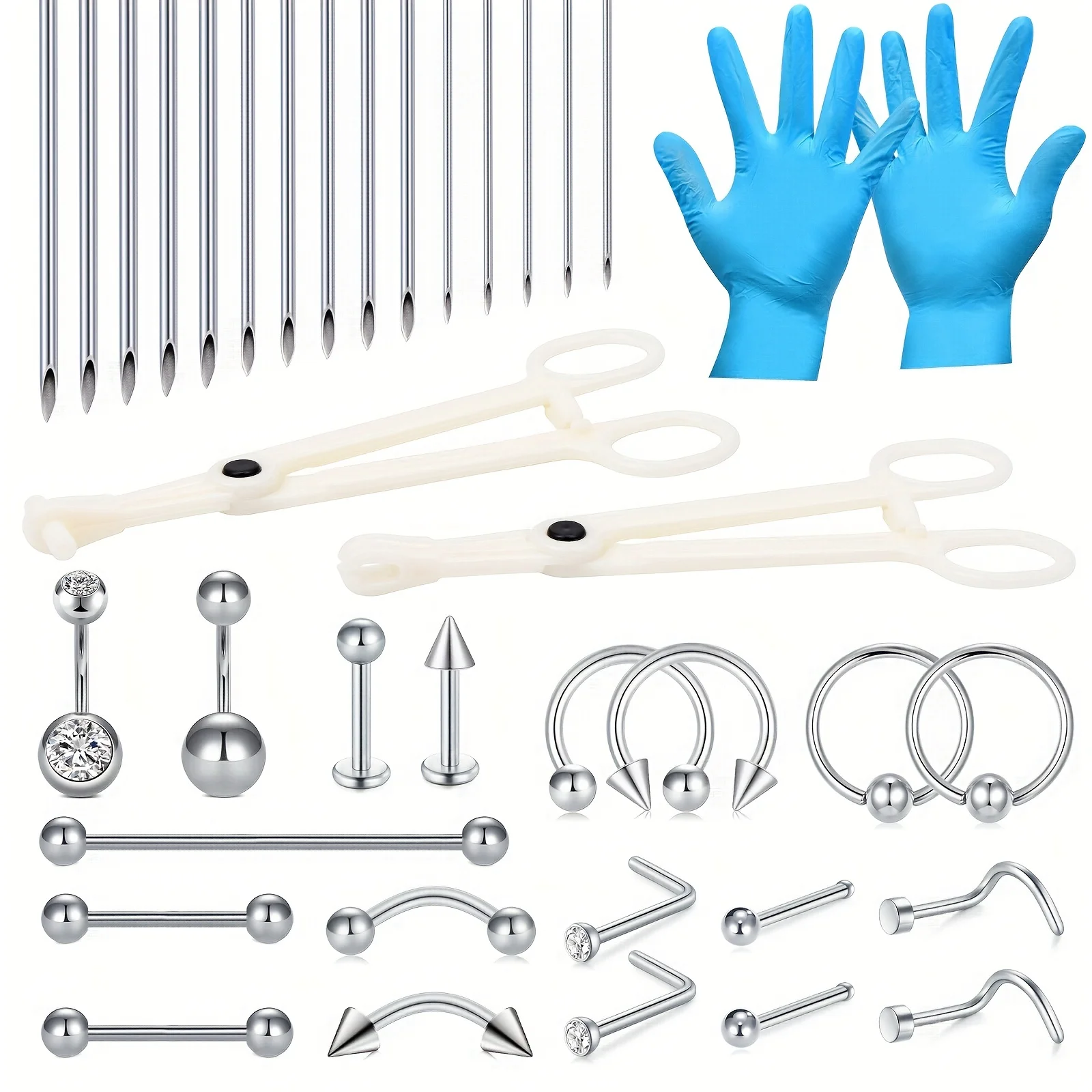 38pcs/set All Body Piercing Kit Surgical Steel Belly Tongue Tragus Nipple Lip Nose Eyebrow Piercing Needles Set 20/16/14Gauge