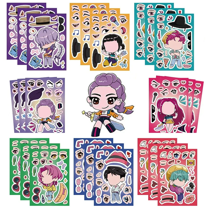 8 arkuszy naklejek K-POP Demon Hunters Make A Face Puzzle, śmieszne naklejki do samodzielnego tworzenia, gra dla dzieci, zabawka typu puzzle, gadżet, prezent na Boże Narodzenie ﻿