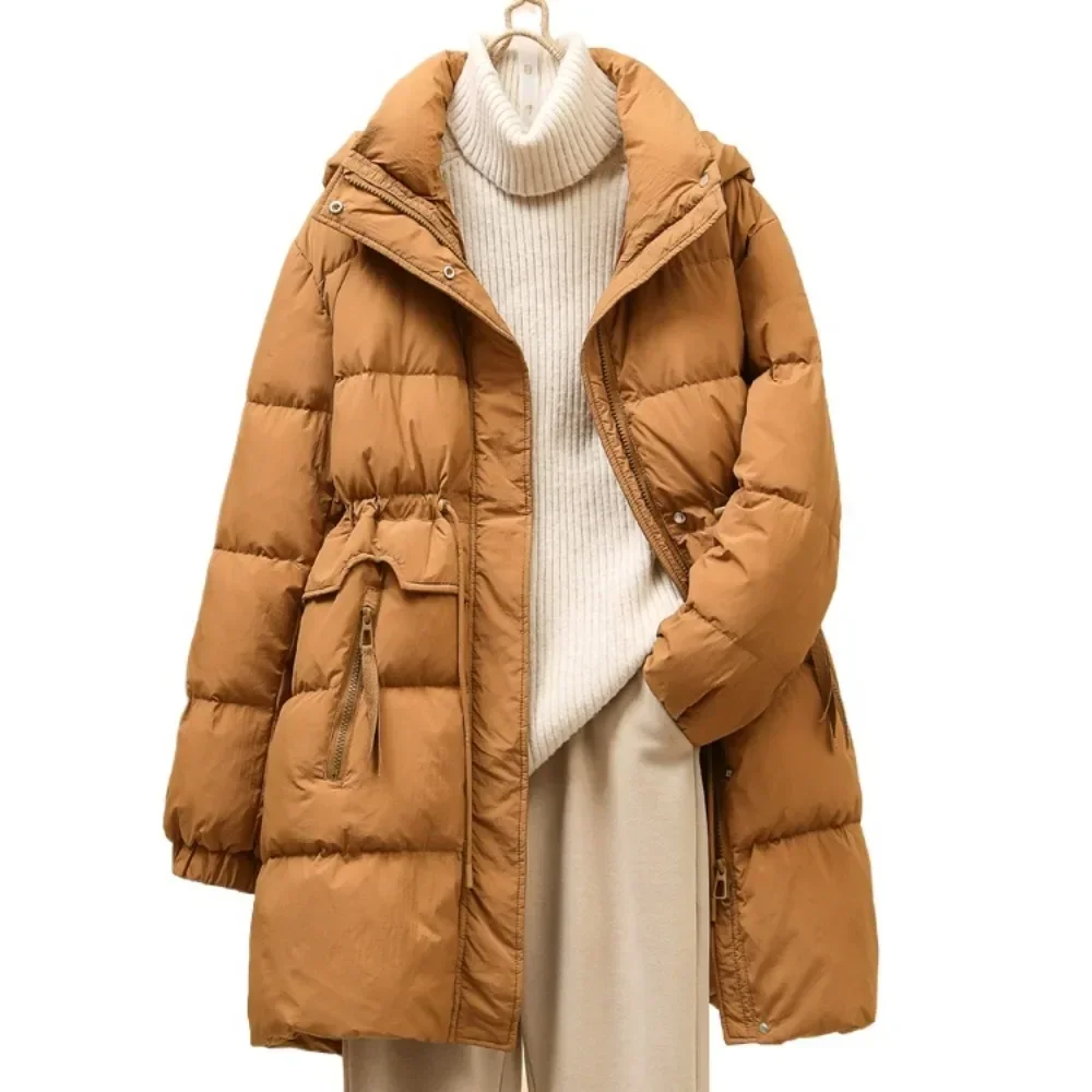 2024 Nuovo Inverno Piumino D\'anatra Bianca da Donna Piumino da Donna con Cappuccio di Media Lunghezza Ispessito con Coulisse in Vita Sottile