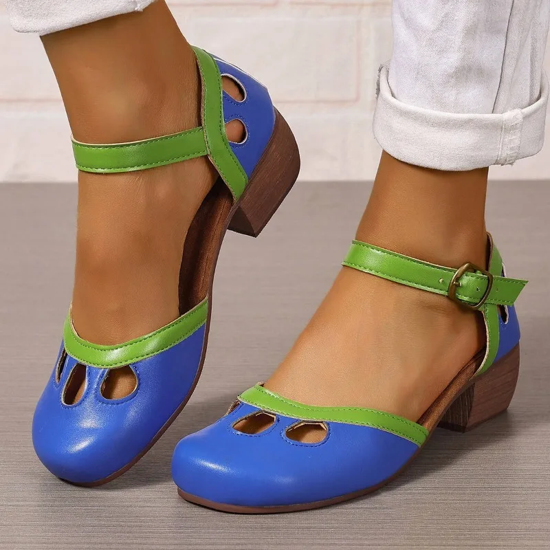 

Women Summer Shoes Mid Heel Hollow Out Casual Sandals Elegant Retro Ladies Pumps Ankle Color Block Buckle Straps Female Sandals