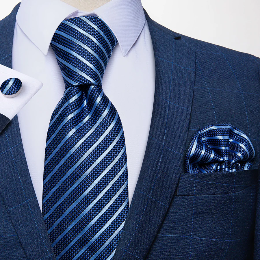 Mens Necktie Set 3 Piece, Plaid Solid Tie Pocket Square Cufflinks For Wedding Business