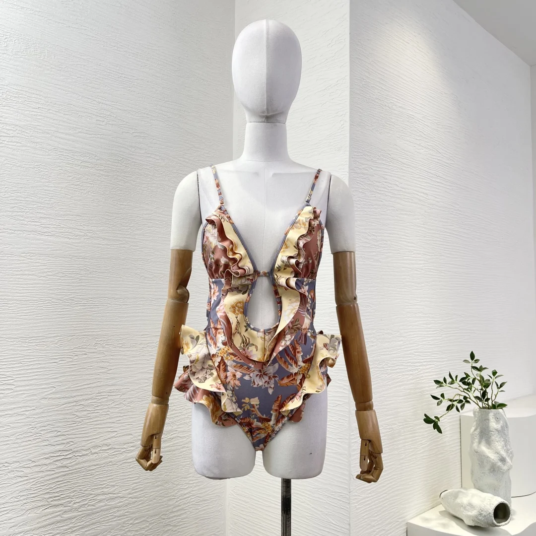 

2024 Summer New Women Multi Color Flowers Print Backless Sleeveless Swimsuit