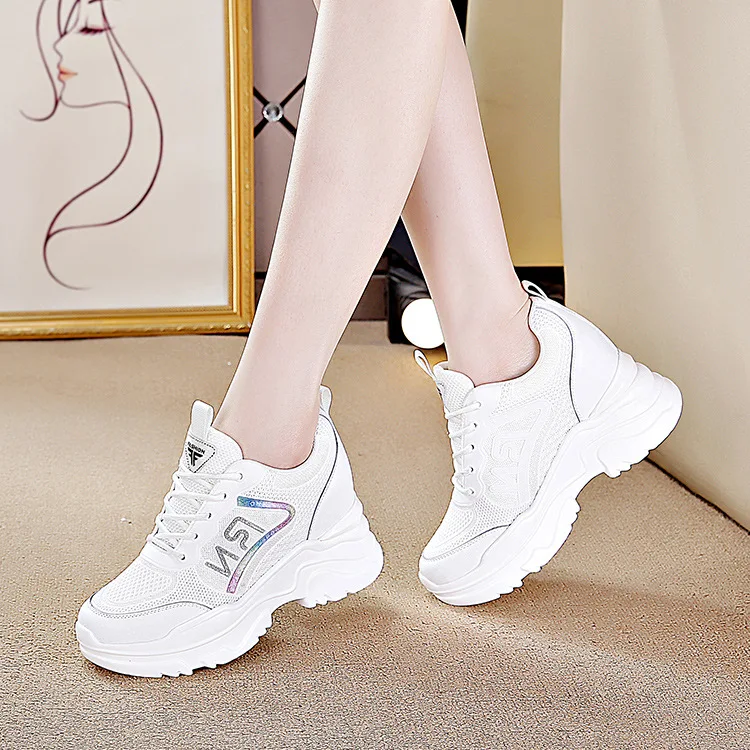 Fujin White 2024 Wedge Heels Air Mesh Platform Wedge Shoes White Breathable Chunky Sneakers Summer Walking Shoe Genuine Leather