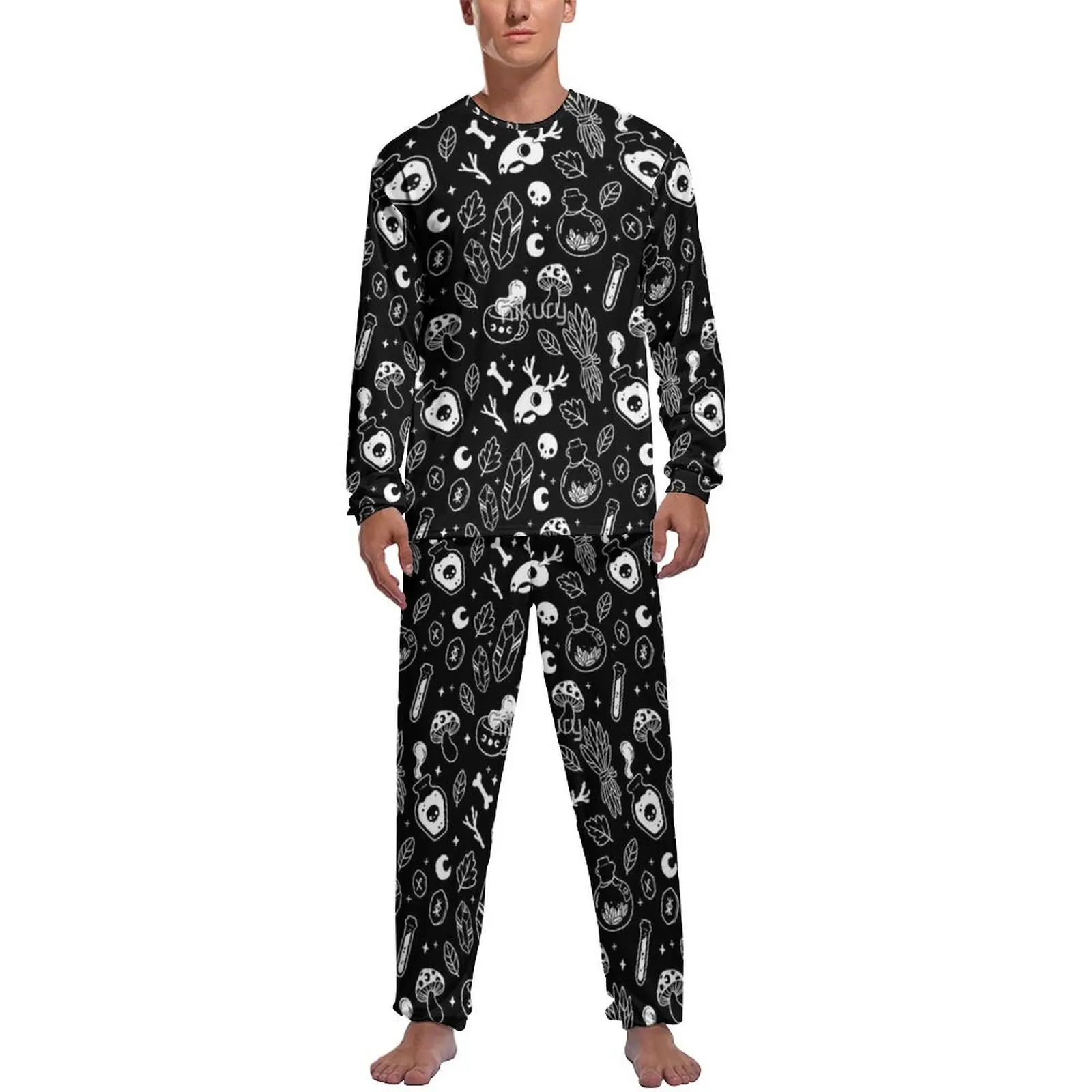 

Witchy Ingredients Black And White Nikury Pajamas Winter Two Piece Halloween Pajama Sets Men Long Sleeve Home Design Sleepwear