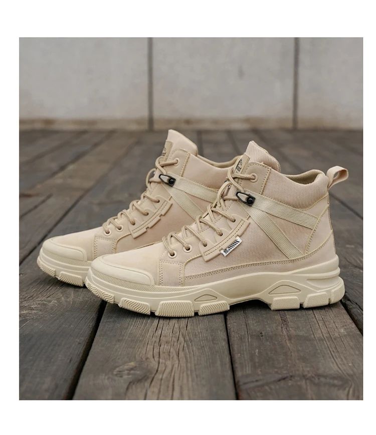 Zweifarbige Canvas-High-Top-Arbeitsstiefel für Herren, klobige, rutschfeste Plateau-Sneaker zum Schnüren für Wandern, Camping, tägliche Pendelfahrten – Detail 13