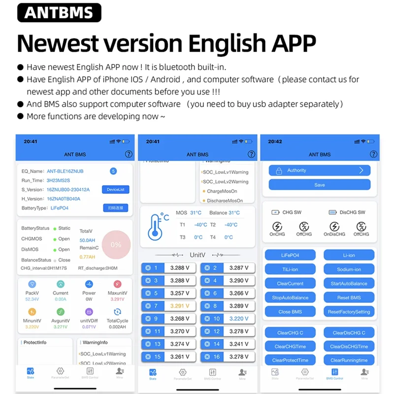 BMS 7S 8S 10S 12S 13S 14S 16S 17S 18S 19S 20S 21S 22S 23S 24S 200A 450A 600A 1000A Lithium Batterys Bluetooth Built-in balance