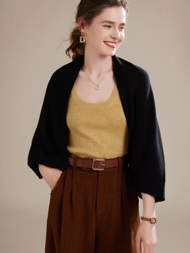 Imagen 2 del producto Cárdigan de lana merina para mujer, abrigo suave y cálido con manga de murciélago, chal de punto, bufanda de doble uso, 100%