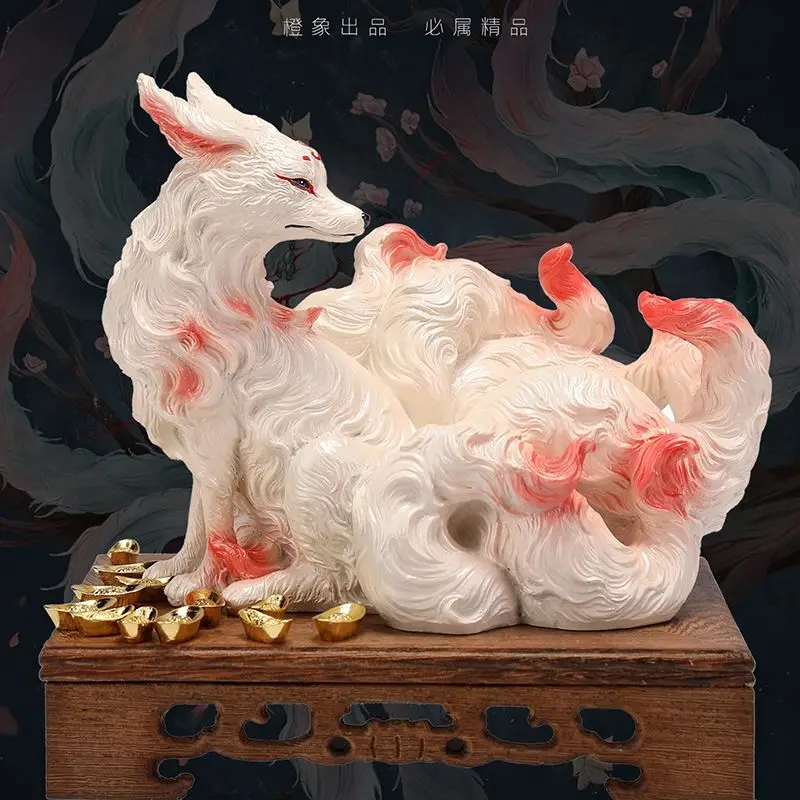 Vivid White Nine-tailed Fox Resin Figurine Statue Home Desktop Collections Decoration  Auspicious Spirit Fox Statue Friend Gift