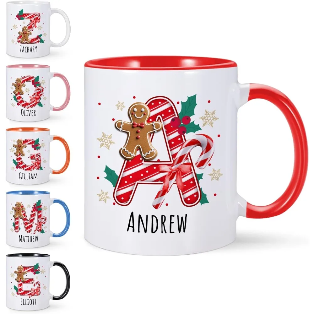1pc Personalized Christmas Mug Featuring Initial Name Custom Gingerbread Man Design for Hot Chocolate or Coffee 11 15 Oz Sizes W