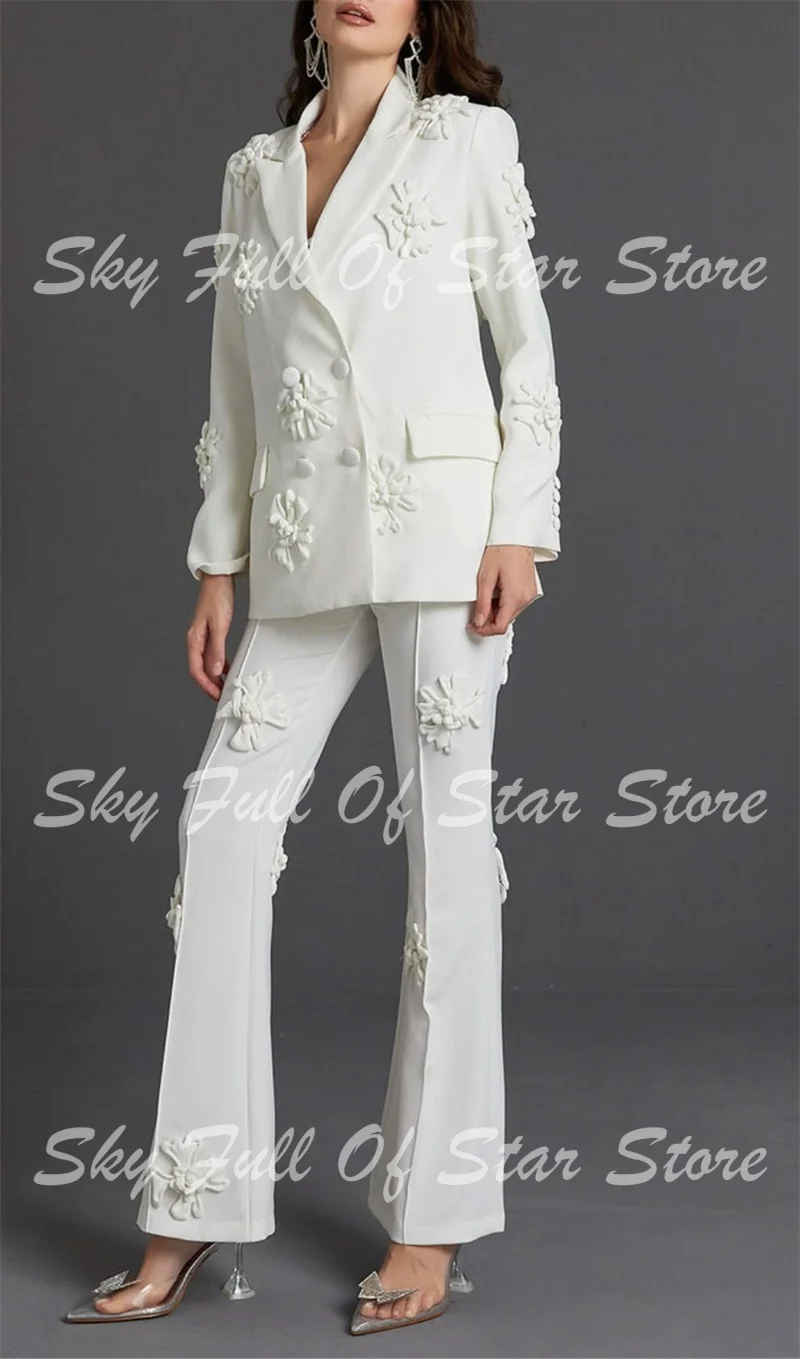 White 3D Floral Women Suit 2 Pcs Double Breasted Blazer+Flare Pants Custom Formal Wedding Bride Evening Party Office Lady Coat view 3