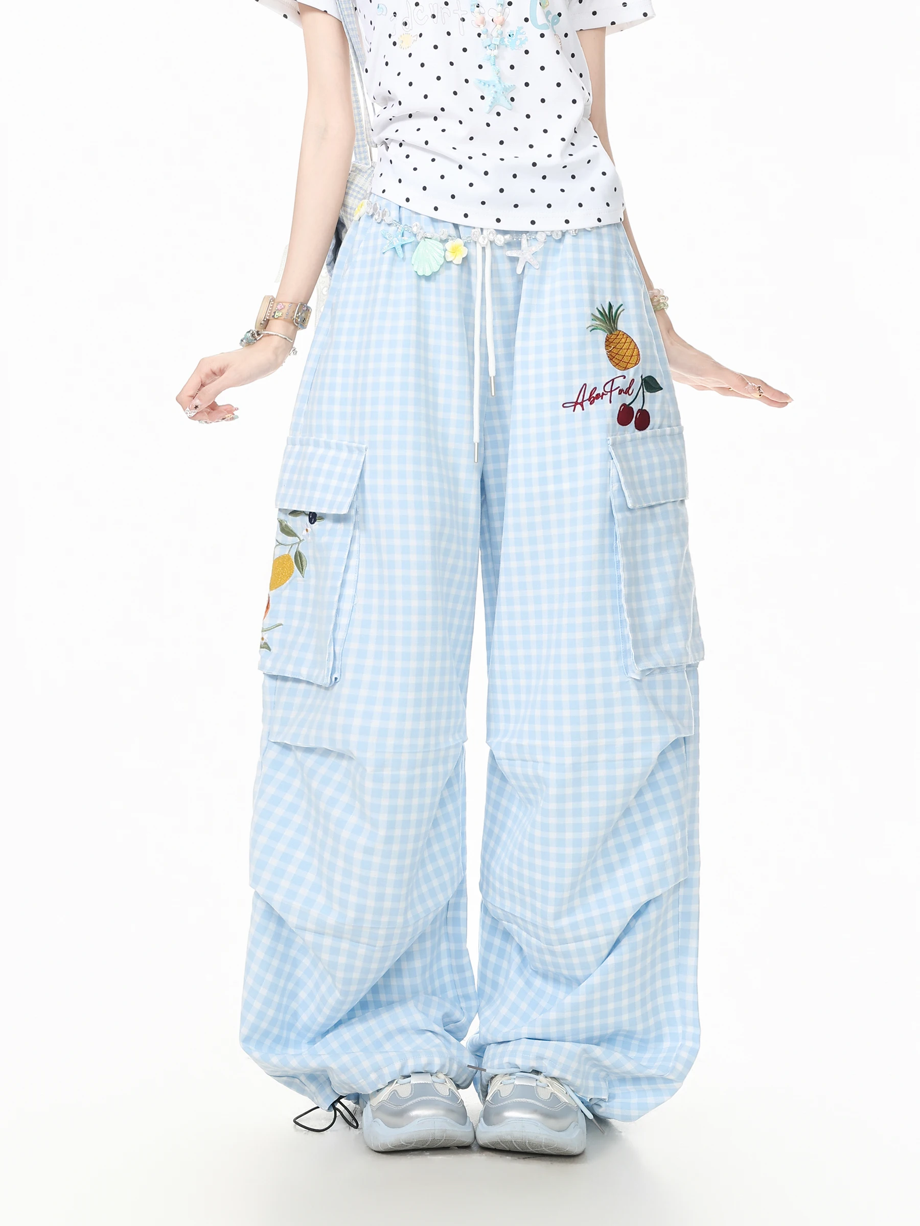 Languid Park Women's Summer Wide Leg Casual Pants Embroidered Plaid Multi Pocket Straight Tube Pants Breathable Polyester